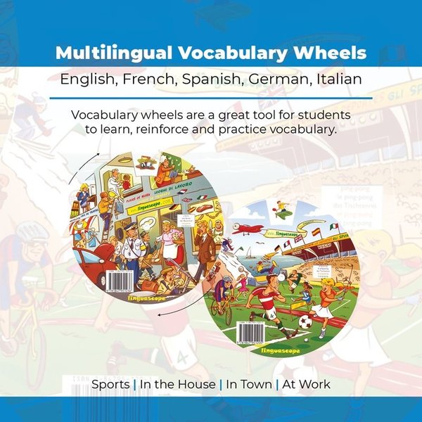 Kelime Çarkları Seti - 5 Dilde Temel Kelimeler (İngilizce Almanca İspanyolca Fransızca İtalyanca) Multilingual Vocabulary Wheels