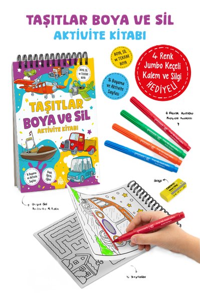 Taşıtlar - Boya ve Sil Aktivite Kitabı 3 + Yaş